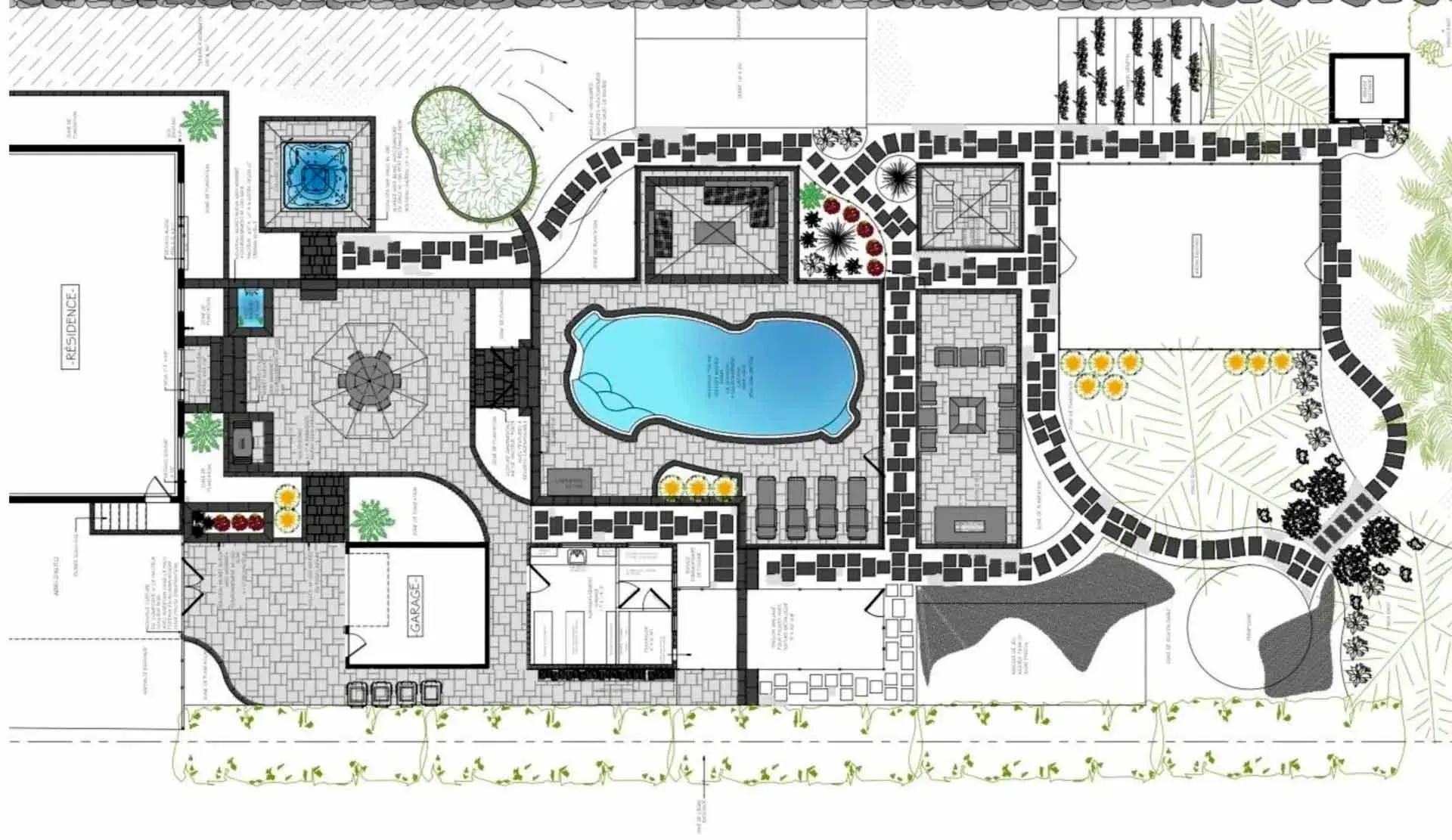 Plan d'aménagement paysager avec piscine, patio et garage